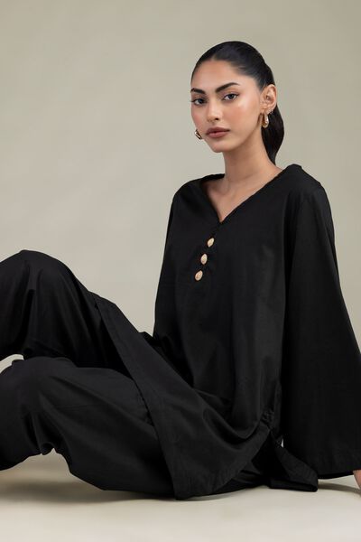 Dyed Cotton Viscose Black Solid Kurta