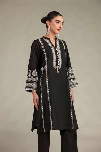Printed Raw Silk Long Black Kurta