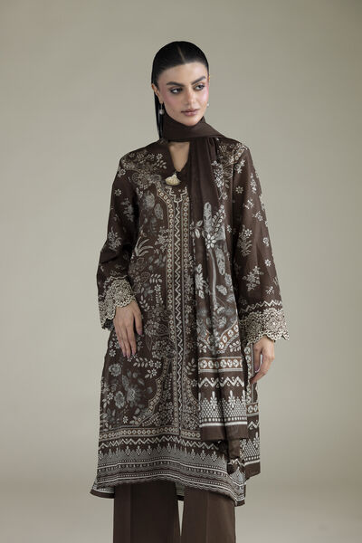 Embroidered Cambric Brown Tailored 3-Piece