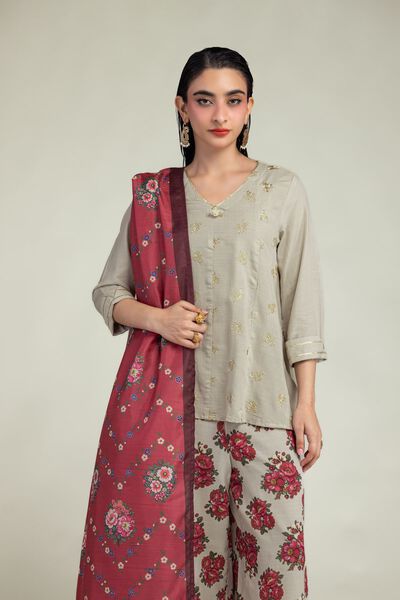 Beige V-Neck Kurta, image 1