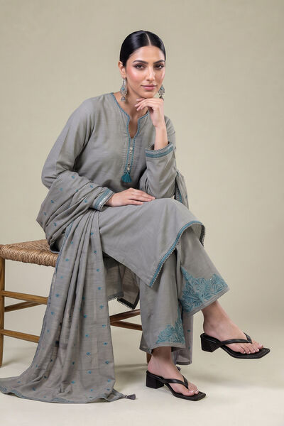 Embroidered Light Khaddar Gray Khaddar Dupatta