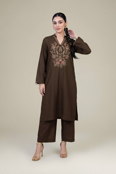 Embroidered Raw Silk Long V-neck Kurta