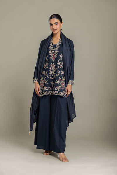 Embroidered Raw Silk Silk Navy Pants