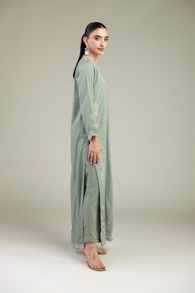 Embroidered Raw Silk Mint Silk Pants