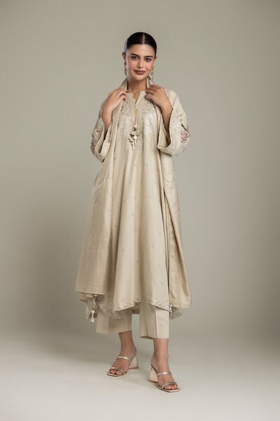 Embroidered Polyester Silk Beige Silk Dupatta