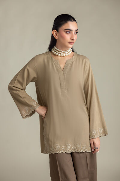 Embroidered Raw Silk V-Neck Beige Kurta