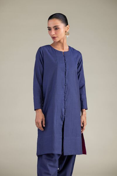 Dyed Textured Raw Silk Solid Navy Kurta