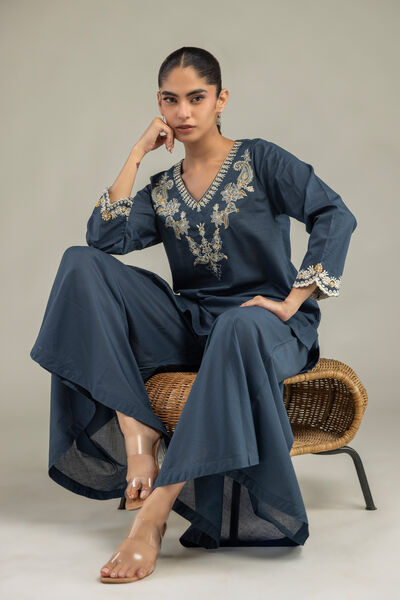Embroidered Cambric Short Navy Kurta
