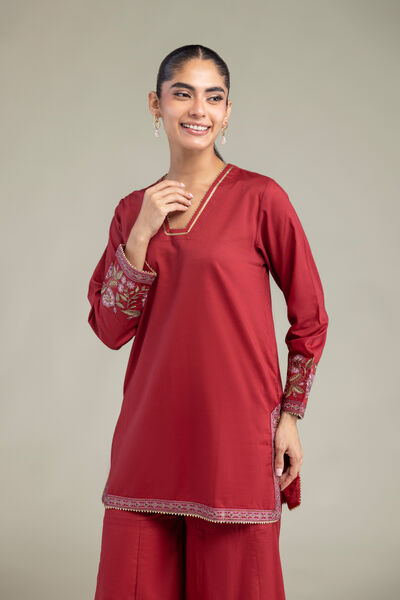 Embroidered Cambric Red Floral Kurta