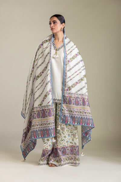 Embroidered Raw Silk White Embroidered Kurta