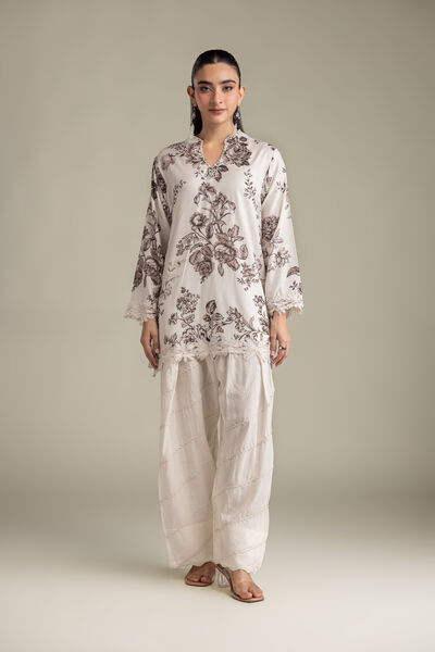 Printed Raw Silk Off-White Silk Shalwar