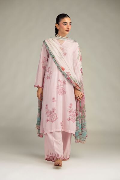Embroidered Raw Silk Floral Pink Pants