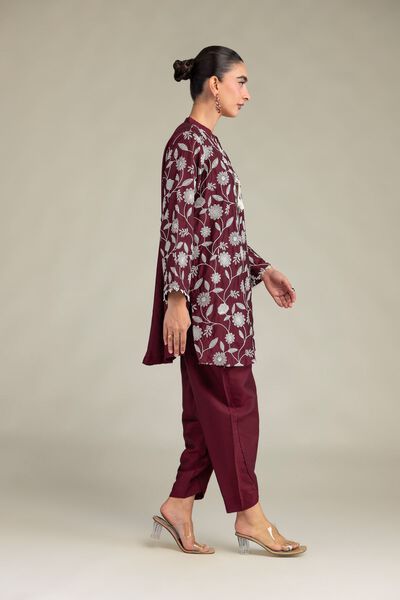 Printed Raw Silk Maroon Solid Pants