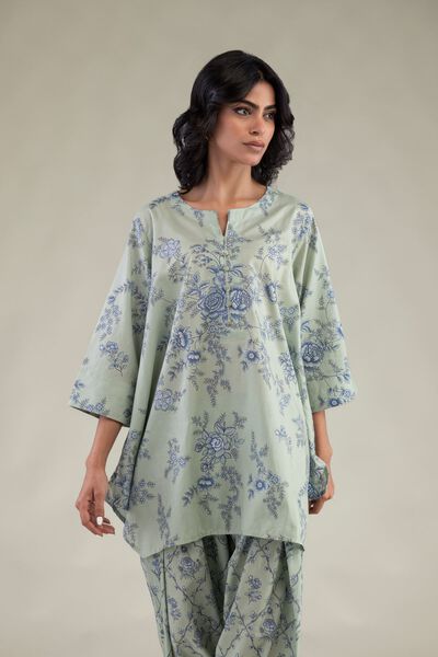 Embroidered Cambric Mint Short Kurta