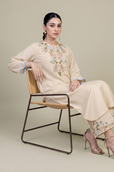 Embroidered Raw Silk Long Floral Kurta