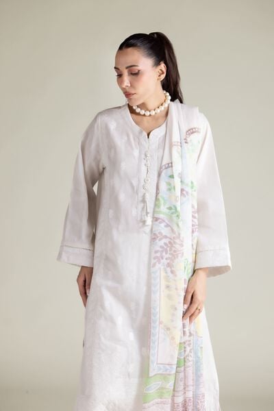 Embroidered Textured Cotton Tailored 3 Piece