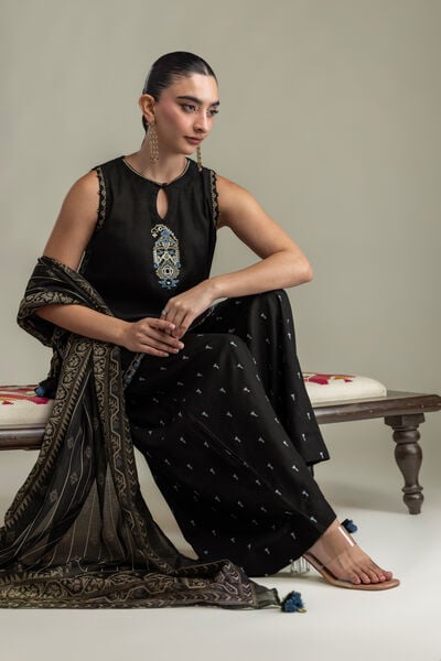 Embroidered Raw Silk Black Sleeveless Kurta