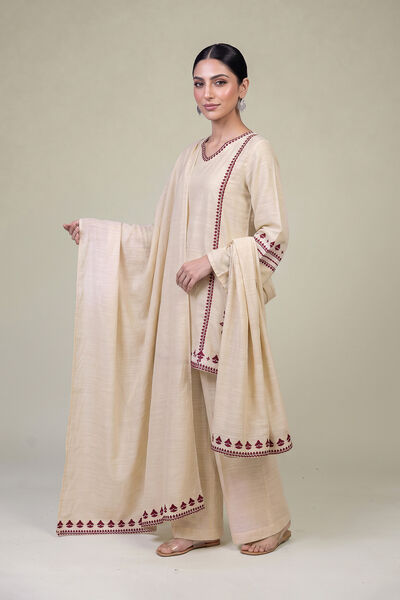 Embroidered Light Khaddar Floral Beige Dupatta