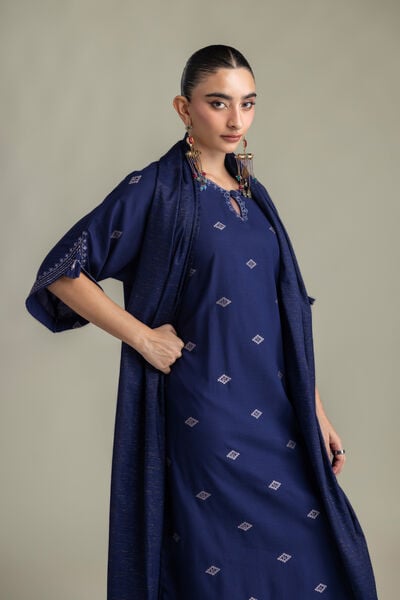 Embroidered Raw Silk Navy Longline Kurta