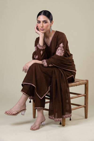 Embroidered Light Khaddar Brown V-neck Kurta