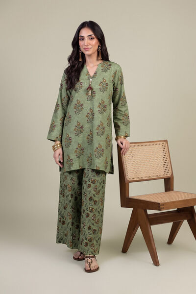 Printed Light Khaddar V-Neck Floral Kurta