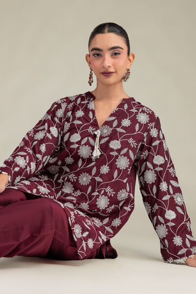 Printed Raw Silk Floral Maroon Kurta