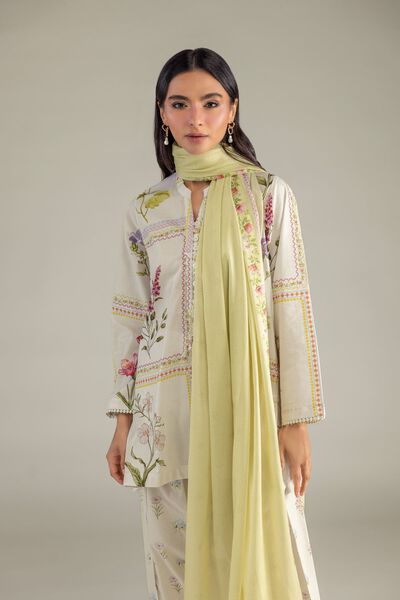 Printed Cambric Floral Band-Collar Kurta