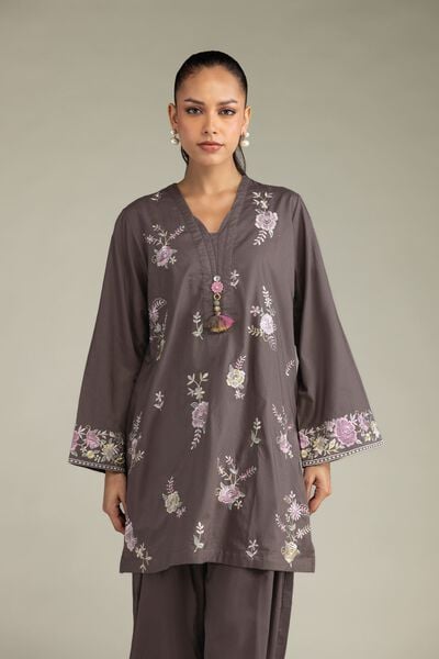 Embroidered Cambric Floral V-Neck Kurta