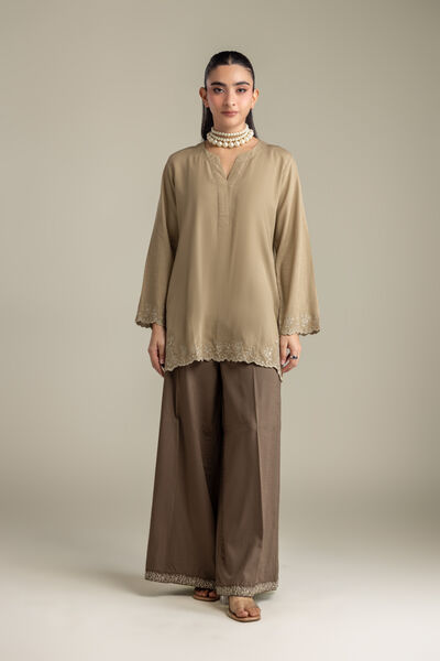 Embroidered Raw Silk Brown Silk Pants