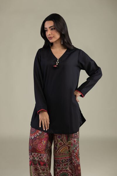 Printed Textured Weave Black V-Neck Kurta