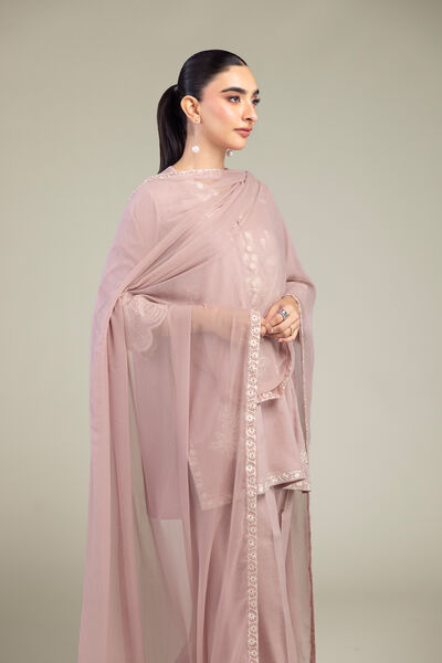Embroidered Chiffon Pink Floral Dupatta