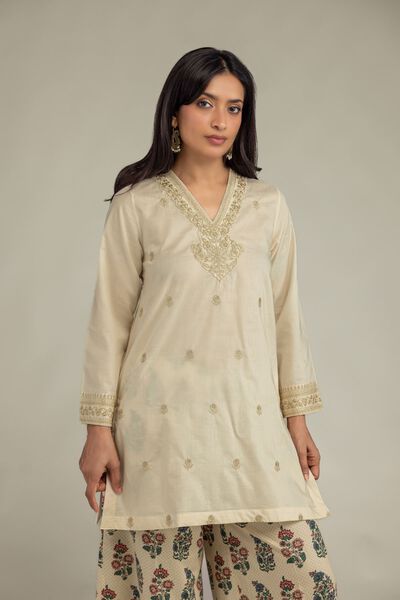 Beige V-Neck Kurta, image 1