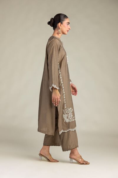 Printed Raw Silk Solid Brown Pants