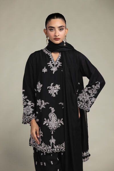 Embroidered Raw Silk Black Silk Kurta