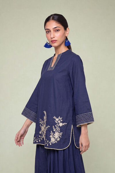 Embroidered Cambric Floral Navy Kurta