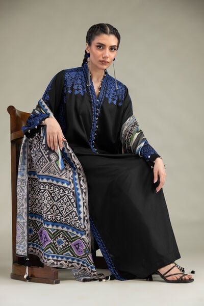 Embroidered Raw Silk V-Neck Longline Kurta