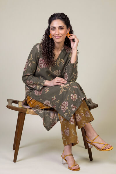 Printed Light Khaddar Floral Longline Kurta