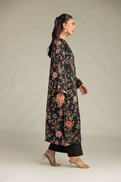Printed Raw Silk Black Solid Pants