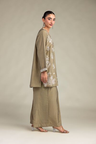 Printed Raw Silk Olive Solid Pants