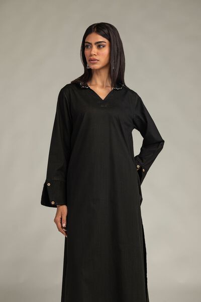 Embroidered Textured Cotton Long Black Kurta