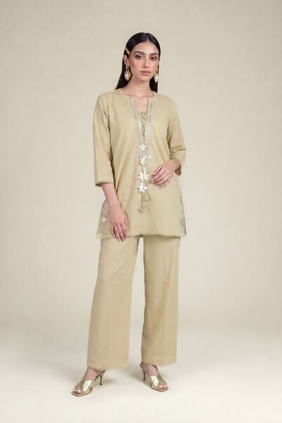 Beige Solid Pants, image 1