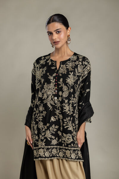 Embroidered Raw Silk Black Floral Kurta