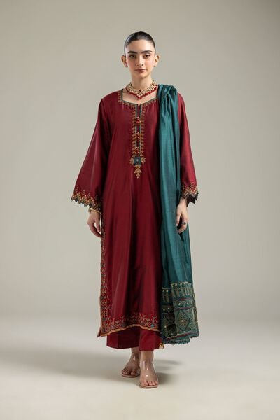 Embroidered Raw Silk Silk Solid Pants