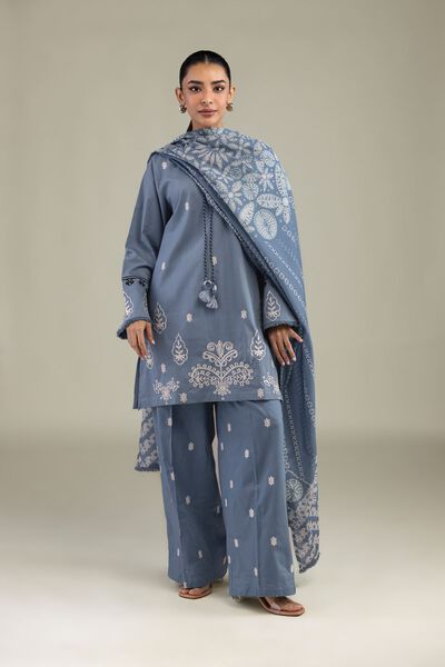 Textured Cotton Embroidered Blue Embroidered Pants