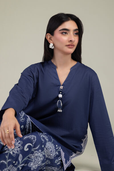 Embroidered Cambric Short Navy Kurta