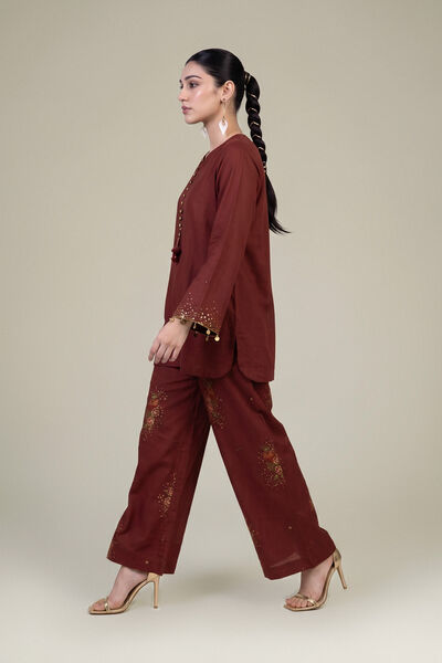 Embroidered Raw Silk Brown Floral Pants