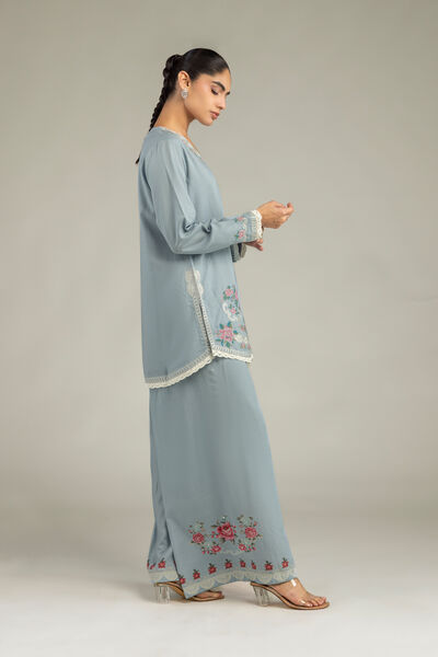 Embroidered Raw Silk Light Blue Pants