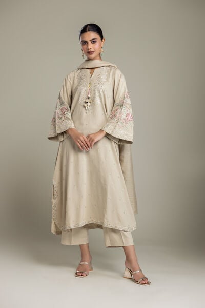 Embroidered Raw Silk Floral Beige Kurta