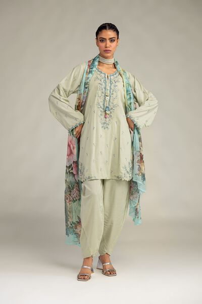 Embroidered Raw Silk Solid Mint Shalwar