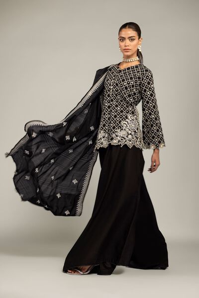 Embroidered Raw Silk Black Co-ord Set
